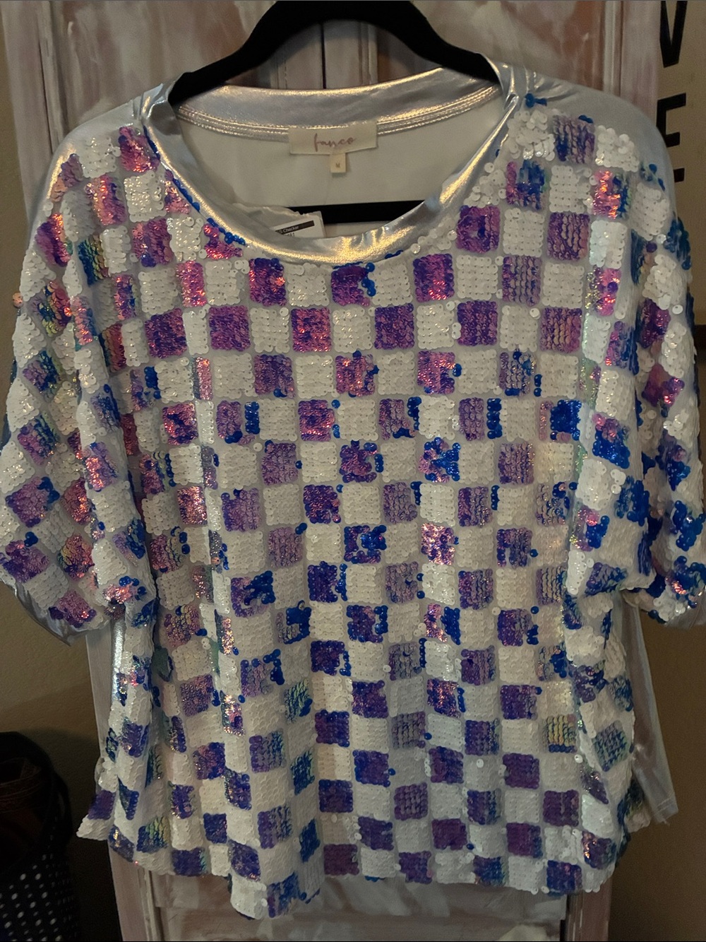 Frame Sequin Checkered Short Sleeve Blouse in Iridescent Purple/Blue